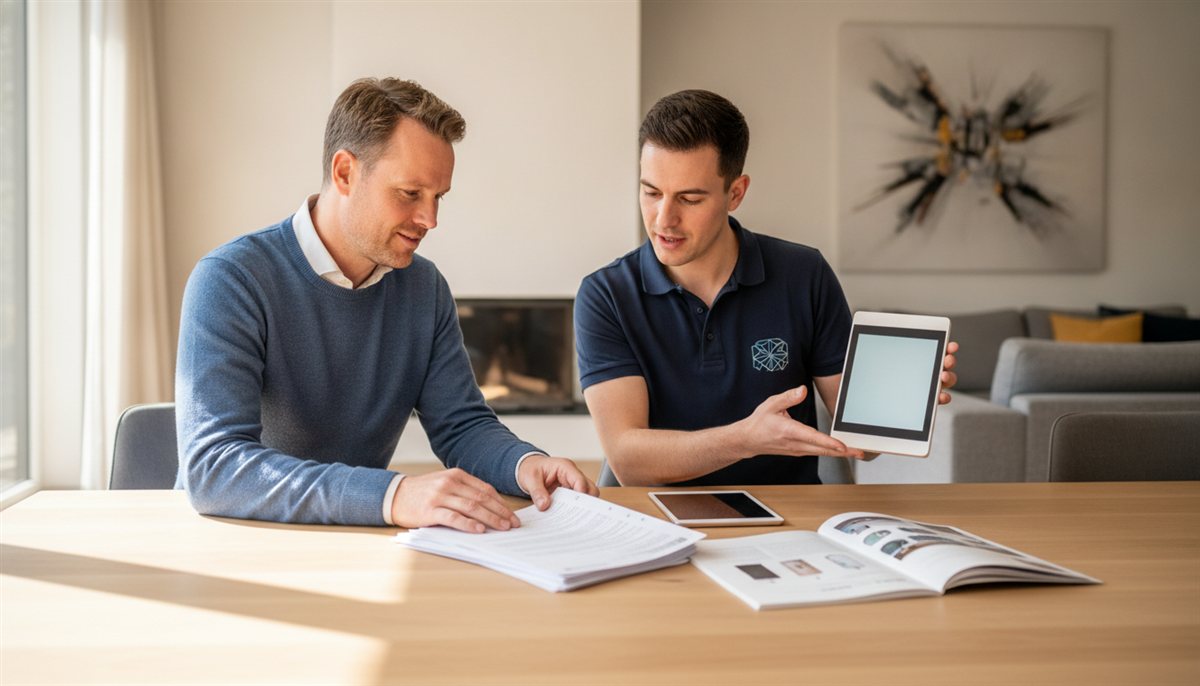Huiseigenaar en smart home-installateur bekijken samen de domotica-offerte met een wandbedieningspaneel