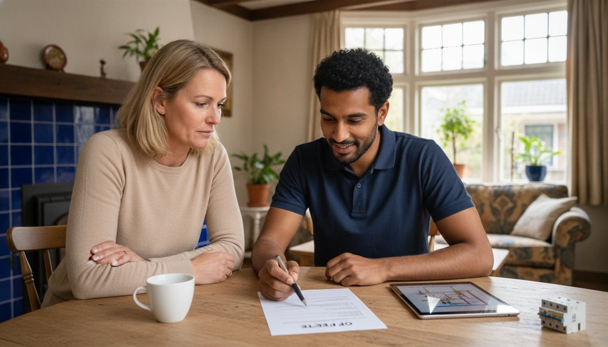 Huiseigenaar en elektricien bekijken samen de offerte voor elektrawerk aan de keukentafel