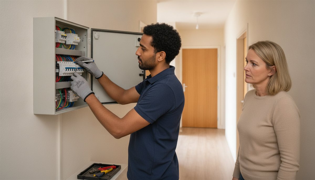 Elektricien werkt aan de groepenkast terwijl de huiseigenaar vanaf de gang toekijkt