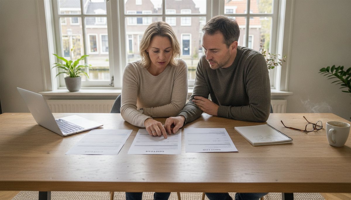 Stel vergelijkt drie elektricien-offertes naast elkaar aan de eettafel