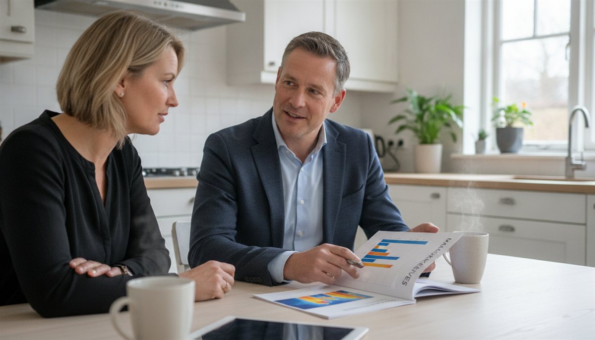 Huiseigenaresse en energieadviseur bespreken het maatwerkadvies-rapport met grafieken aan de keukentafel