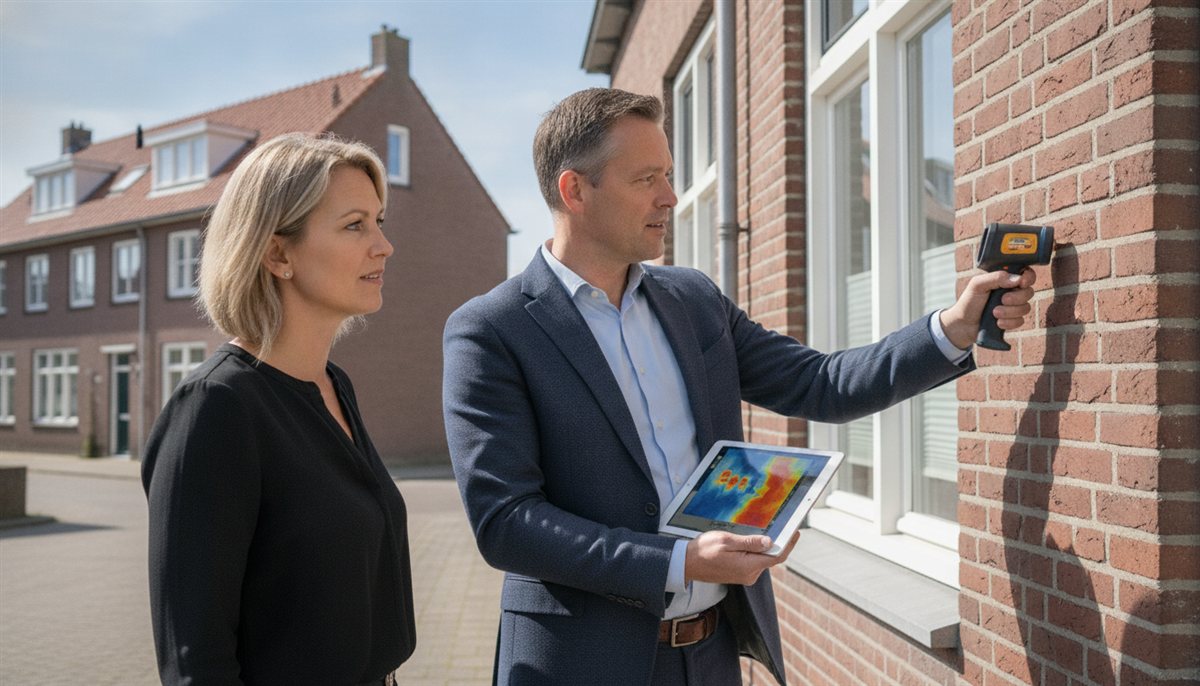 Energieadviseur neemt met tablet en warmtecamera de gevel en cv van de woning op terwijl de huiseigenaresse meekijkt