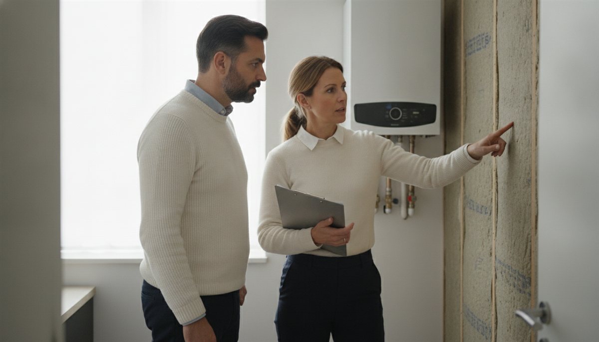 Energieadviseur inspecteert de isolatie en installatie in de woning met een clipboard tijdens de opname