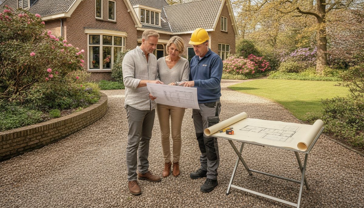 Huiseigenaren bekijken samen met de aannemer de garage-offerte en bouwtekening op de oprit