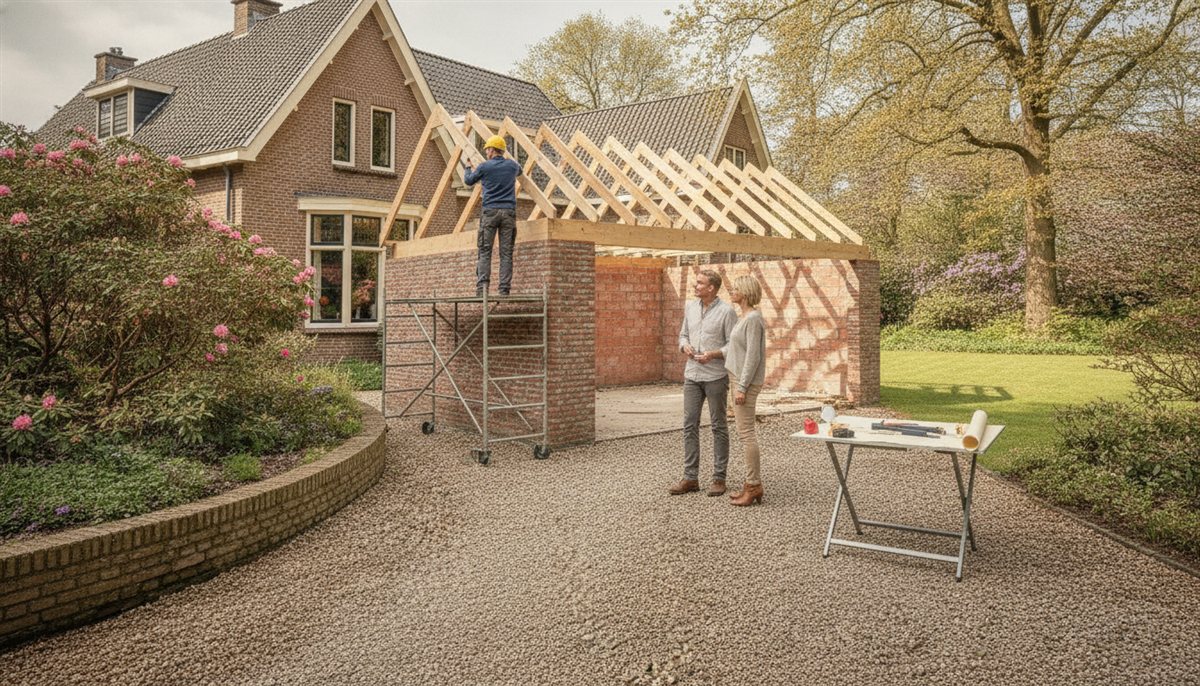 Vrijstaande garage in aanbouw met gemetselde wanden en dakconstructie terwijl de huiseigenaren toekijken