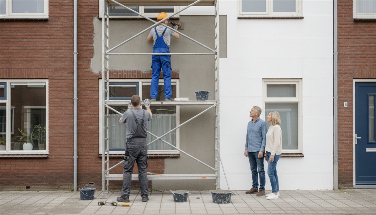 Monteurs brengen buitengevelisolatie met isolatieplaten en stucwerk aan op de gevel van een Nederlandse woning met steiger terwijl het echtpaar meekijkt