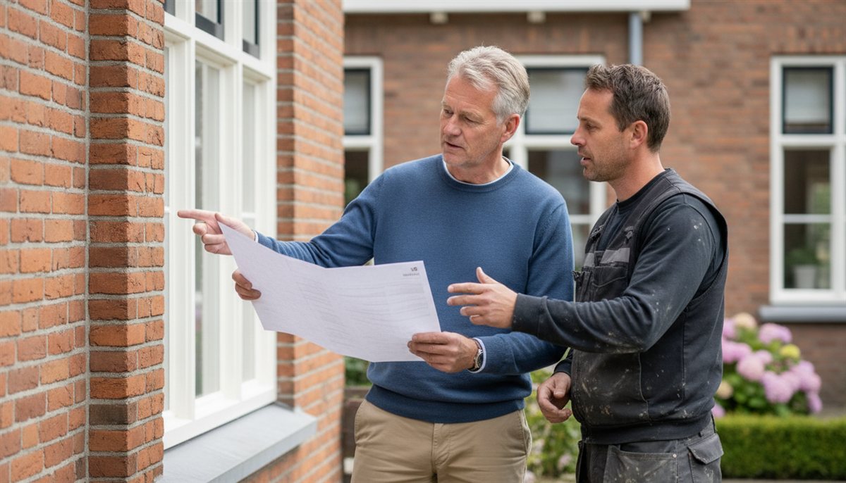 Huiseigenaar en gevelspecialist bekijken samen de gevelrenovatie-offerte bij de woning