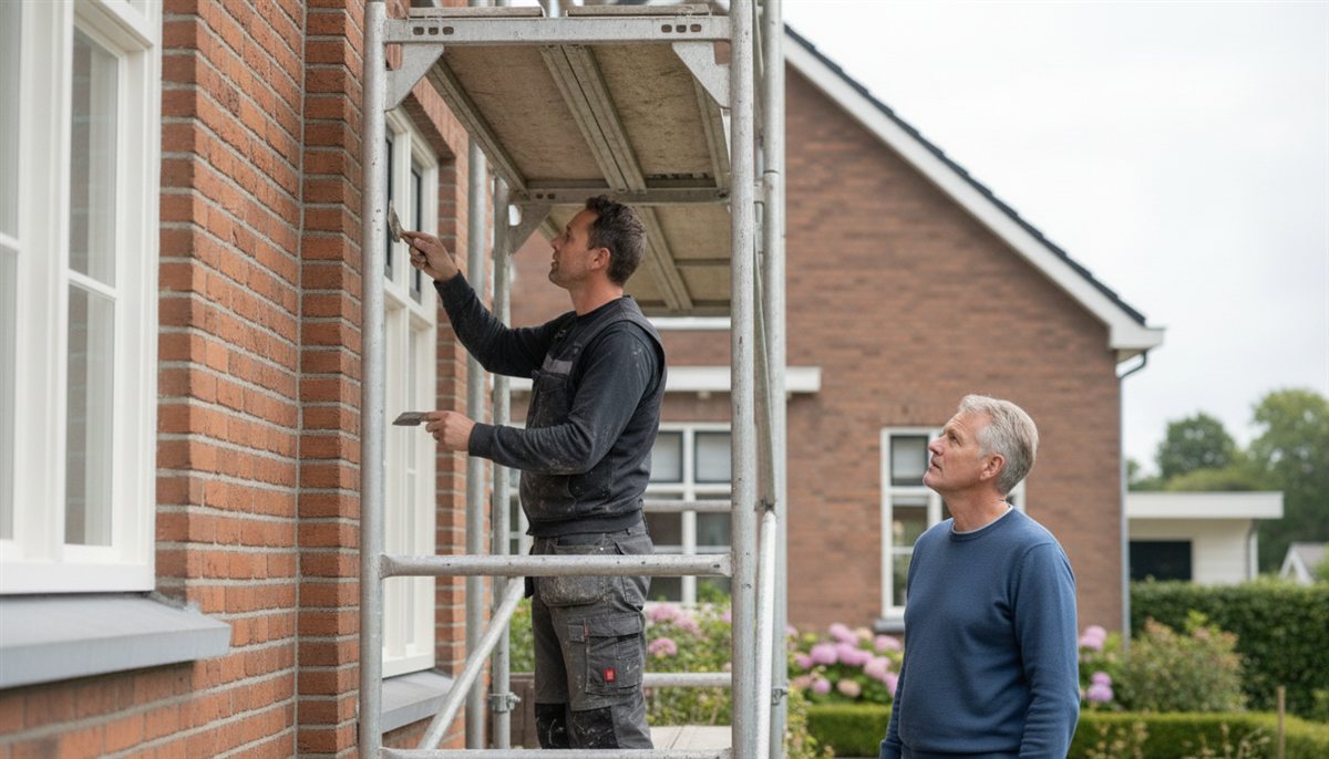 Vakman herstelt voegwerk op een steiger aan een Nederlandse woning terwijl de huiseigenaar vanaf de grond toekijkt