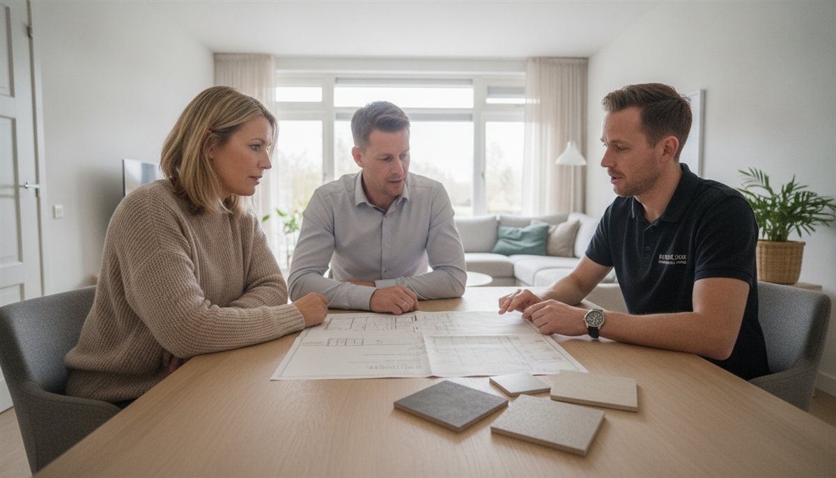 Stel bekijkt samen met een vloerspecialist de gietvloer-offerte met kleurstalen aan tafel