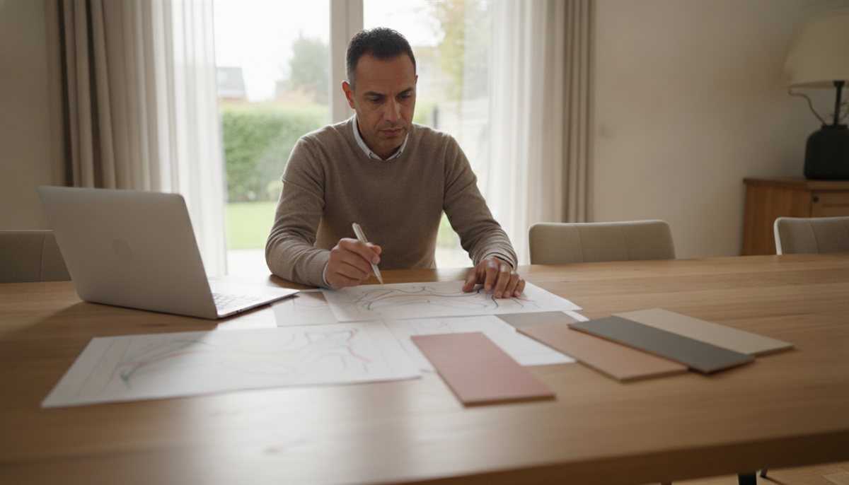 Man legt meerdere gietvloer-offertes en kleurstalen naast elkaar aan tafel om ze te vergelijken