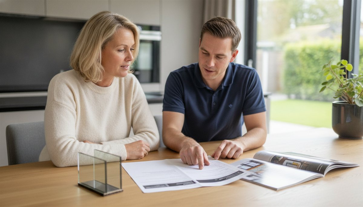 Huiseigenaresse bespreekt met een glaszetter de glas-offerte en een doorsnede van het isolatieglas aan de keukentafel