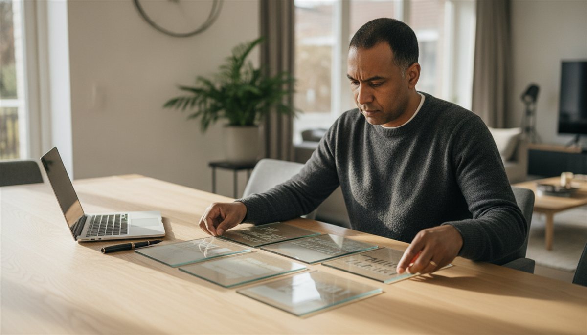 Huiseigenaar legt meerdere glas-offertes naast elkaar aan de eettafel om ze te vergelijken