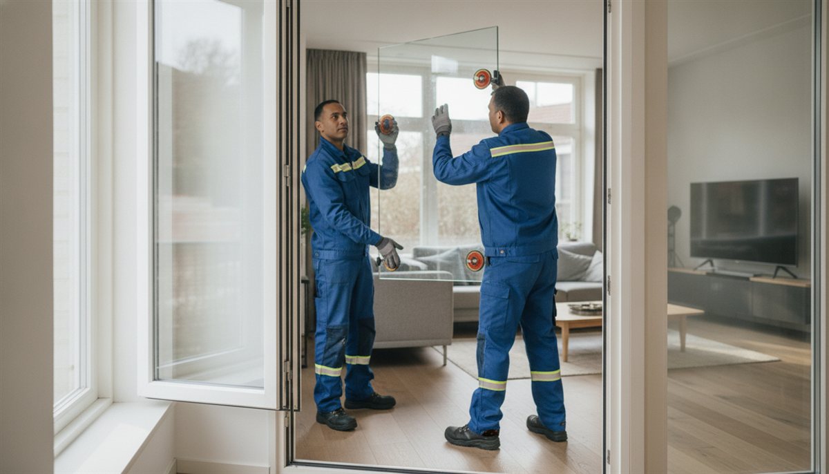 Twee monteurs plaatsen een isolatieglas-ruit in een woning terwijl de huiseigenaar meekijkt