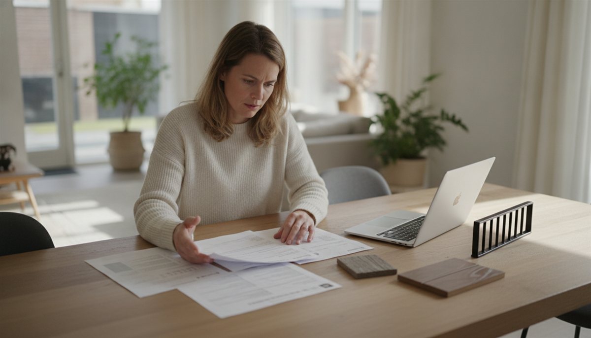 Huiseigenaresse vergelijkt meerdere hekwerk- en schutting-offertes met materiaalstalen naast elkaar aan tafel