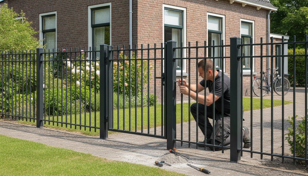 Geplaatst spijlenhek met poort langs een Nederlandse tuin terwijl de monteur het werk afrondt