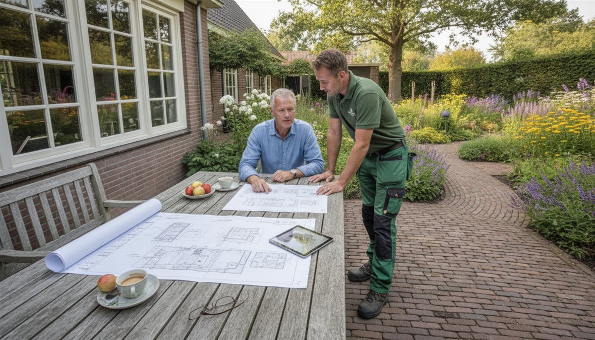 Huiseigenaar en hovenier bekijken samen het tuinontwerp en de offerte aan de tuintafel