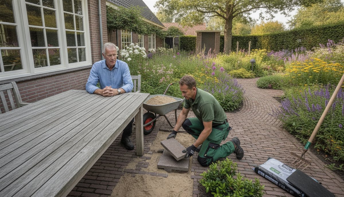 Hovenier legt bestrating en beplanting aan in de tuin terwijl de opdrachtgever vanaf het terras toekijkt