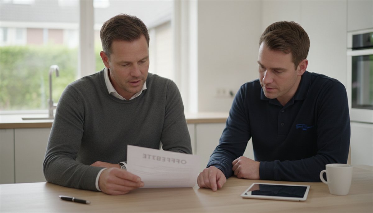 Huiseigenaar en installateur bekijken samen de installateur-offerte aan de keukentafel
