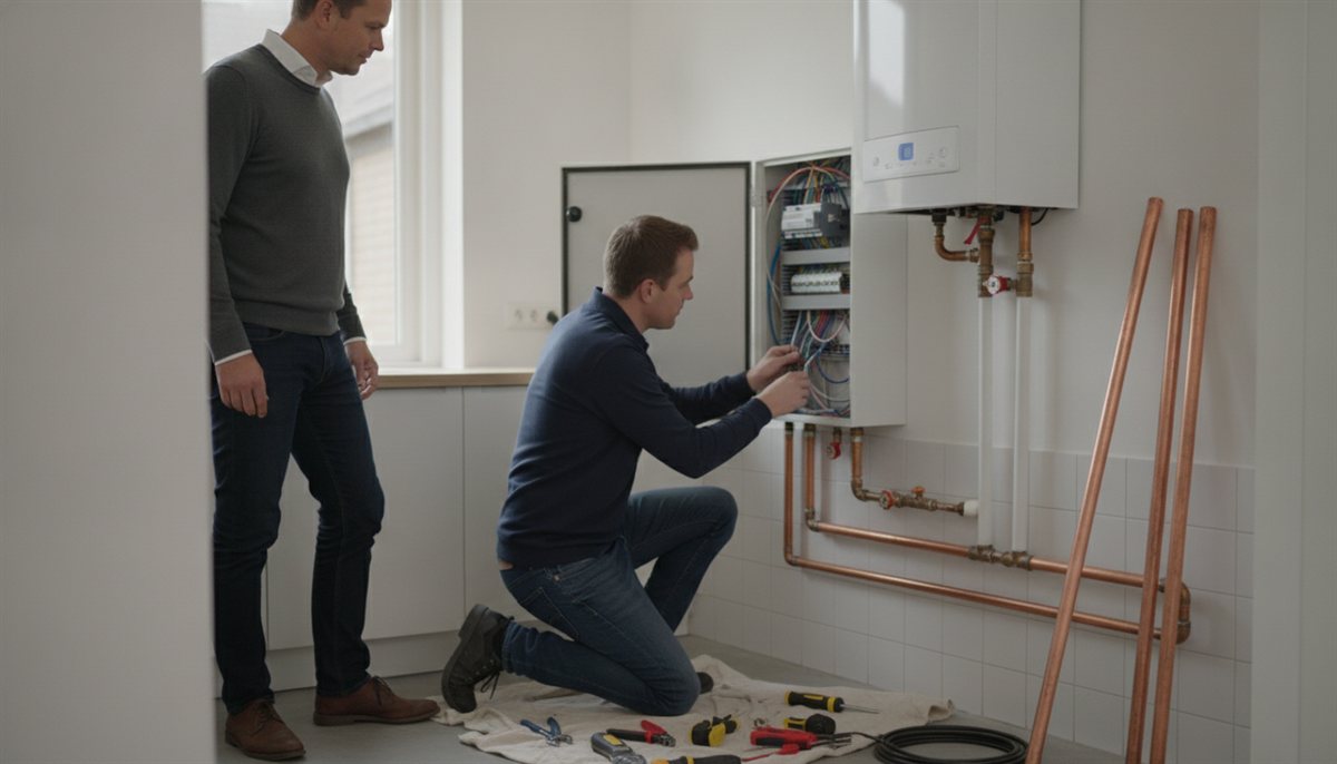 Installateur werkt aan de meterkast en het cv-leidingwerk terwijl de huiseigenaar toekijkt