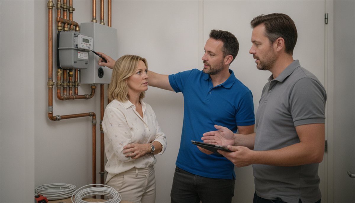 Huiseigenaar in gesprek met twee verschillende installateurs bij het leidingwerk en de meterkast