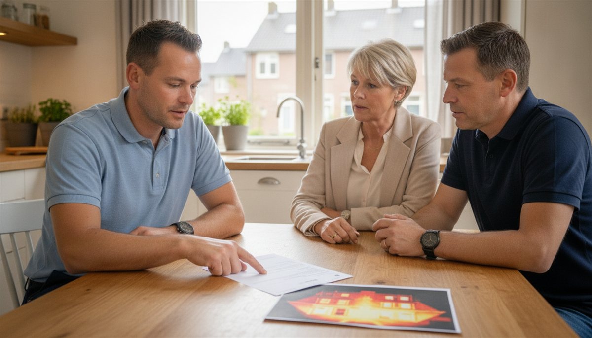 Echtpaar en isolatie-adviseur controleren samen de isolatie-offerte en een warmtebeeld aan de keukentafel