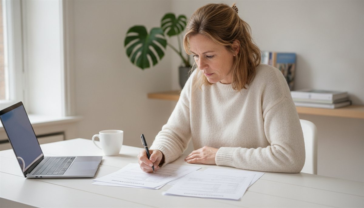 Vrouw vergelijkt meerdere isolatie-offertes naast elkaar aan haar bureau