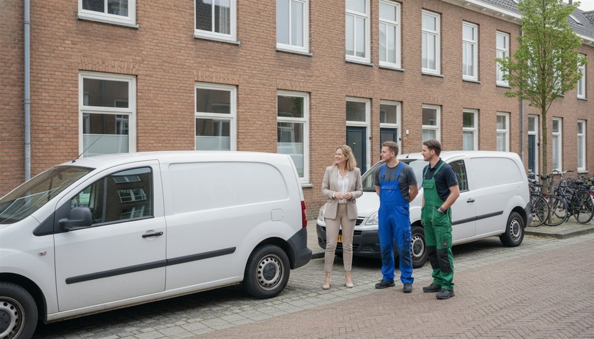 Woningeigenaar vergelijkt isolatiebedrijven en spreekt met twee monteurs van verschillende bedrijven bij hun bussen