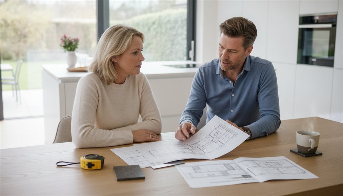 Huiseigenaresse en keukenadviseur beoordelen samen de keuken-offerte en keukentekening aan de keukentafel