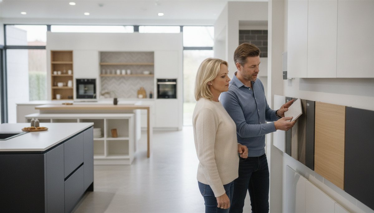 Keukenadviseur toont fronten en werkbladmaterialen aan de klant in een keukenshowroom