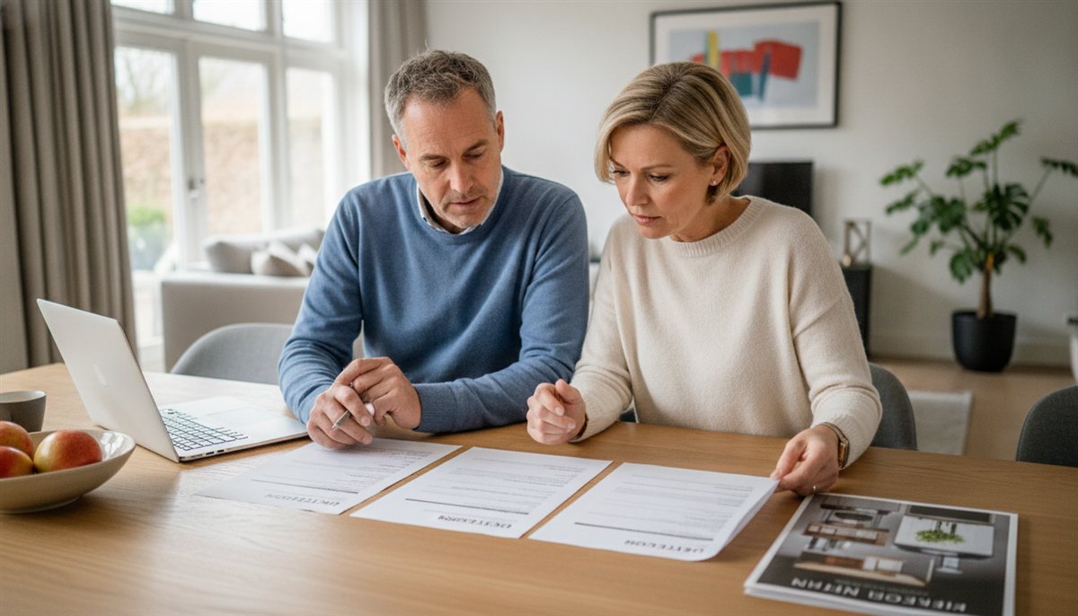 Stel vergelijkt drie keuken-offertes naast elkaar aan de eettafel met laptop en brochure