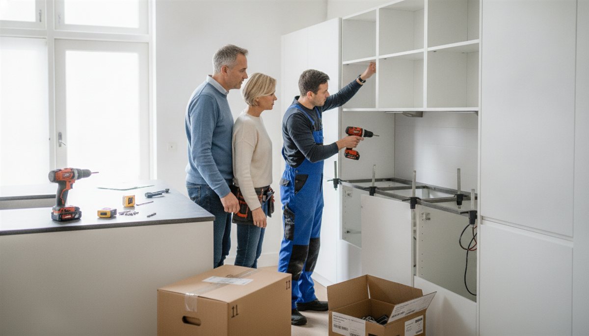 Stel in hun nieuw geplaatste keuken die door een monteur wordt afgemonteerd