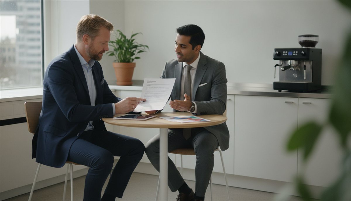 Facilitair manager en accountmanager bekijken samen de koffieservice-offerte bij een koffiemachine in de kantoorpantry