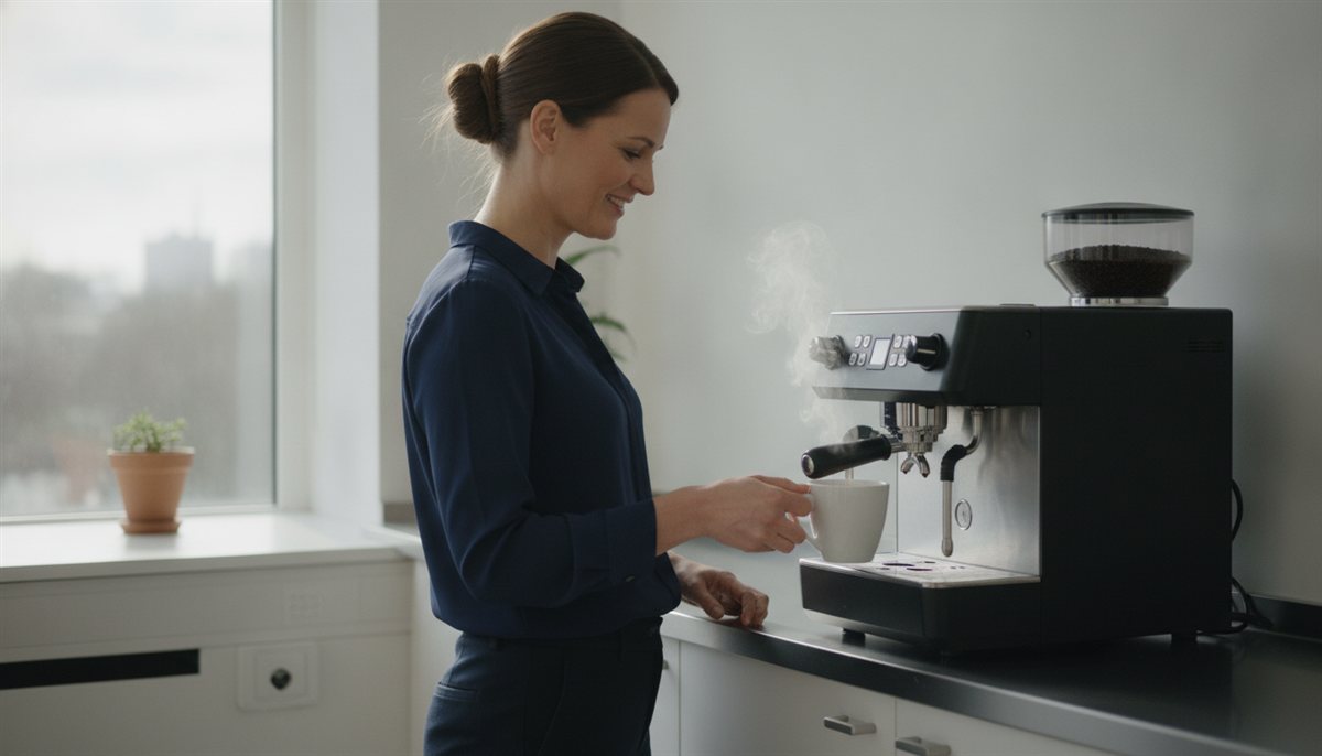 Medewerker tapt koffie uit de professionele koffiemachine in de kantoorpantry