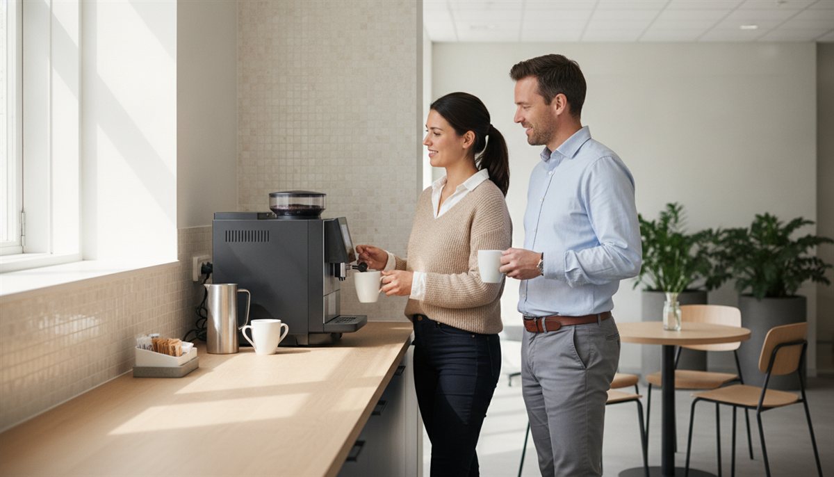 Collega's halen koffie bij de koffiemachine in de kantoorpantry