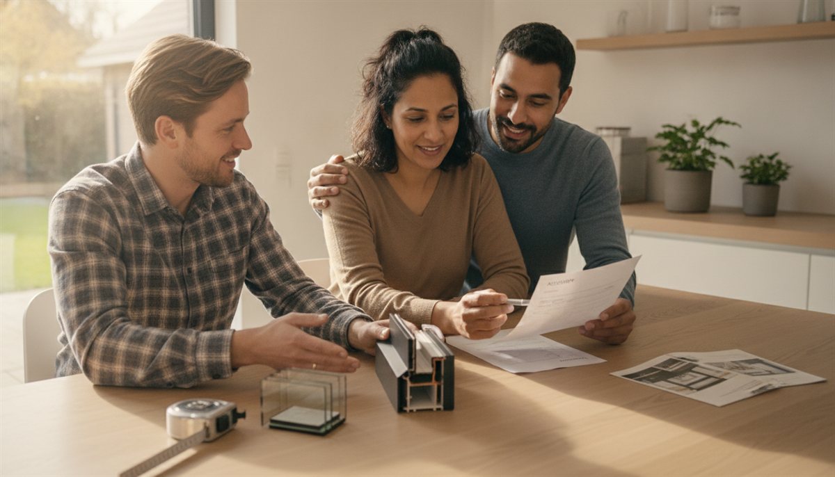 Huiseigenaren bekijken samen met een kozijnen-adviseur de offerte en een doorsnede van het kozijnprofiel aan de keukentafel