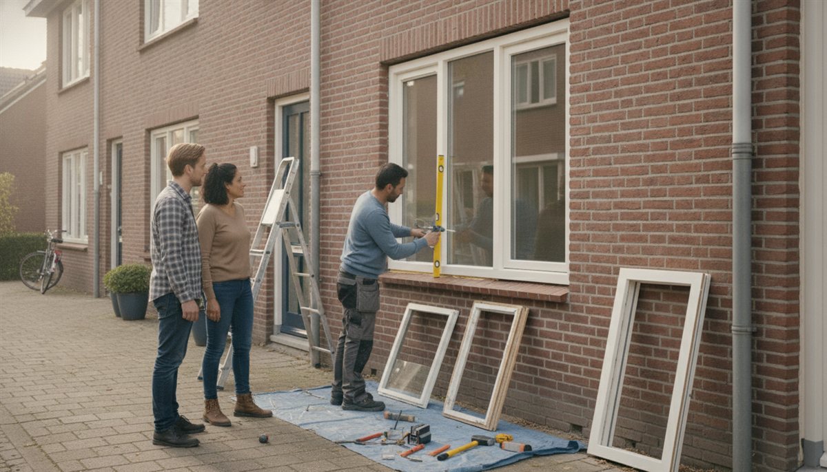 Monteurs plaatsen een nieuw kozijn in de gevel van een woning terwijl de huiseigenaren toekijken