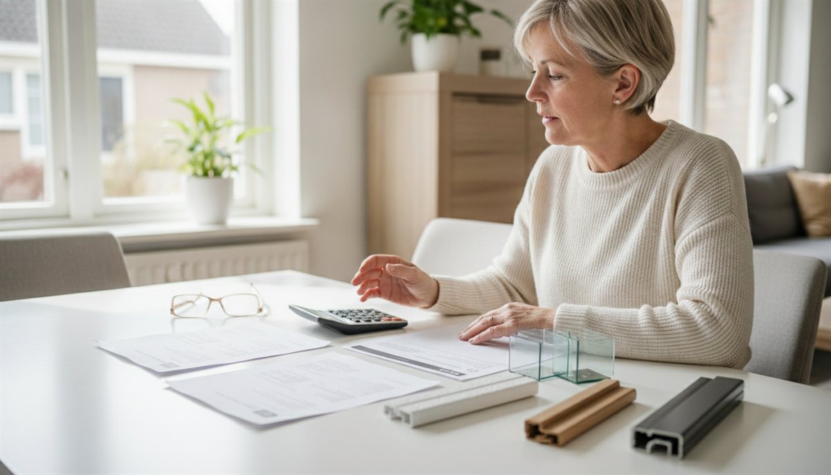 Huiseigenaar vergelijkt drie kozijnen-offertes naast elkaar met profiel- en glasmonsters aan de eettafel