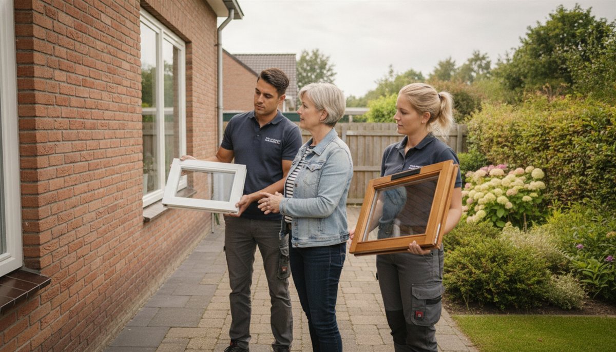 Huiseigenaar bekijkt in de tuin kozijnvoorbeelden en profielmonsters met twee verschillende leveranciers