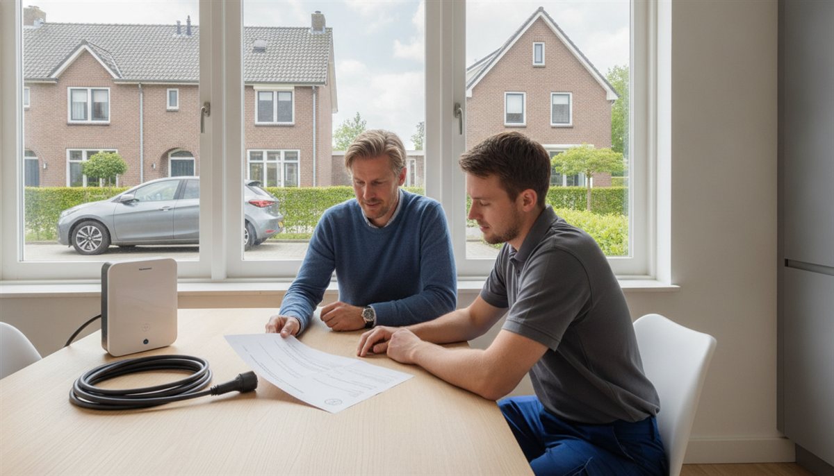 Huiseigenaar en installateur controleren samen de laadpaal-offerte aan de keukentafel, met de elektrische auto op de oprit zichtbaar