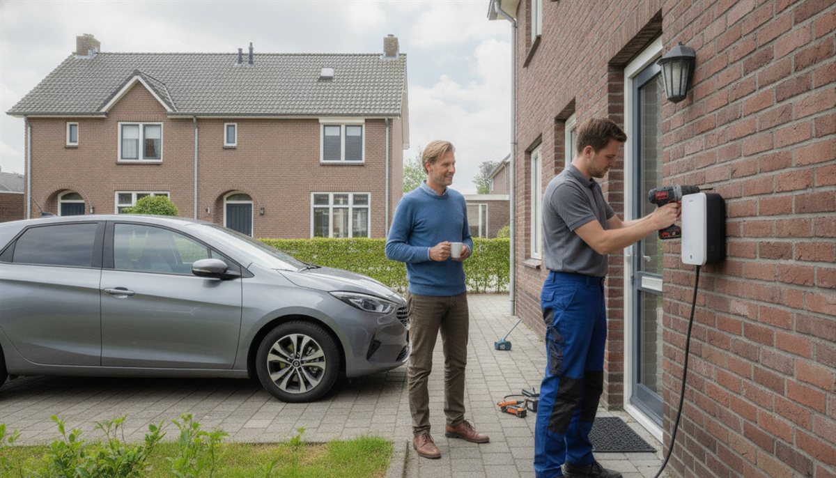 Installateur monteert een wandlaadpunt aan de gevel naast de oprit terwijl de huiseigenaar met koffie toekijkt, elektrische auto ernaast