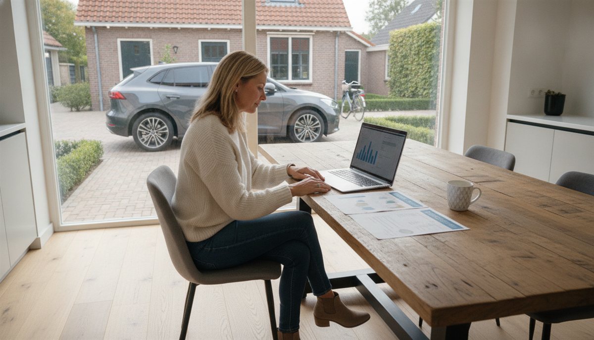 Vrouw vergelijkt meerdere laadpaal-offertes naast elkaar aan de keukentafel met een laptop, elektrische auto op de oprit zichtbaar
