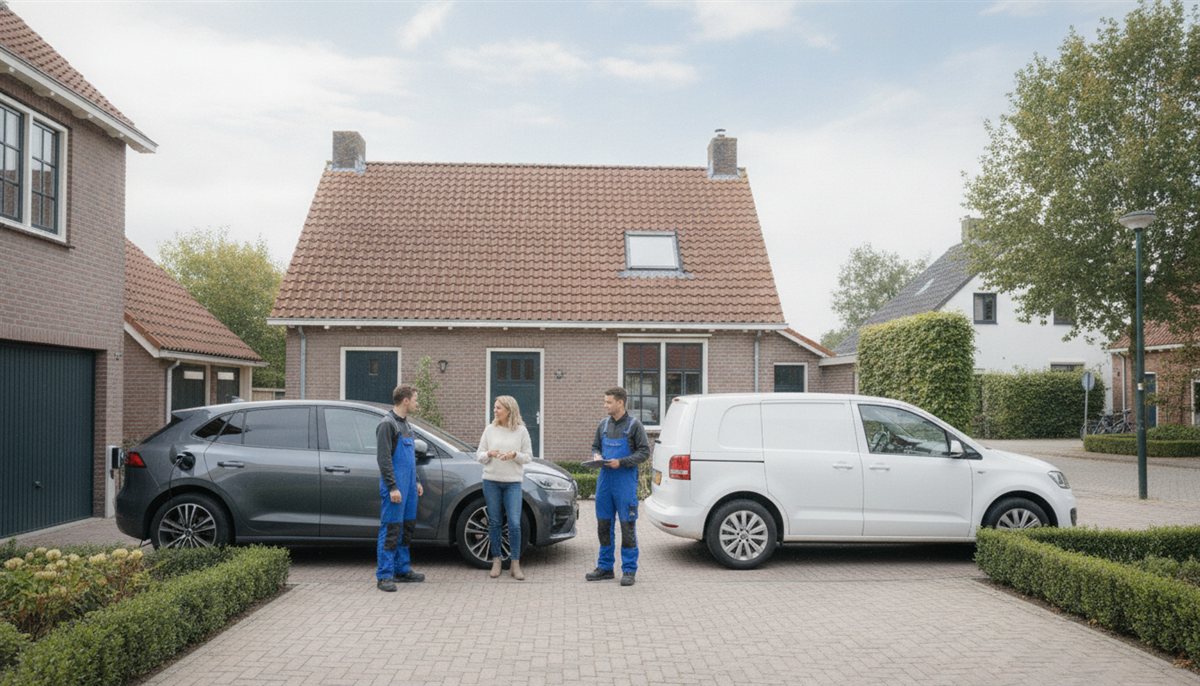 Vrouw vergelijkt twee laadpaal-aanbieders op de oprit, met installateursbusjes van verschillende bedrijven bij de woning