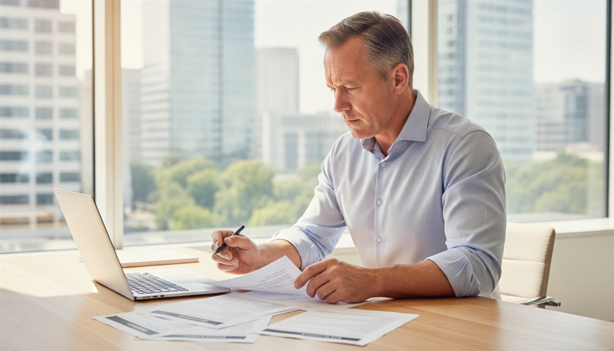 Ondernemer legt meerdere zakelijke lease-offertes naast elkaar op een kantoorbureau met laptop en printouts
