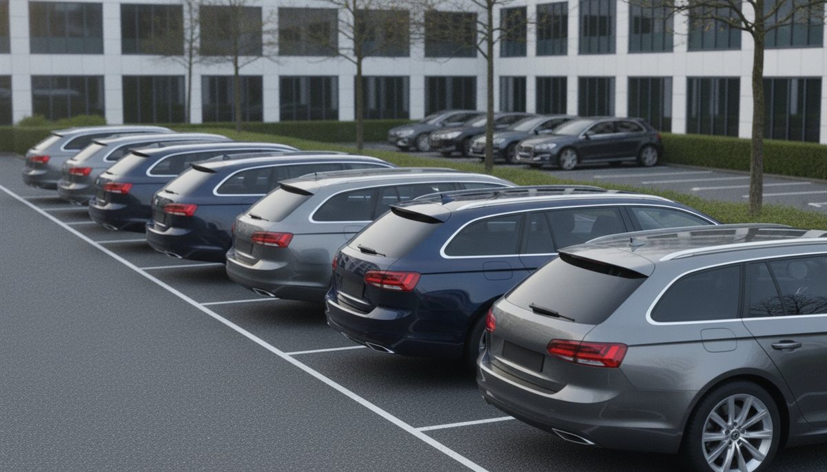 Rij zakelijke leaseauto's op een bedrijfsparkeerplaats