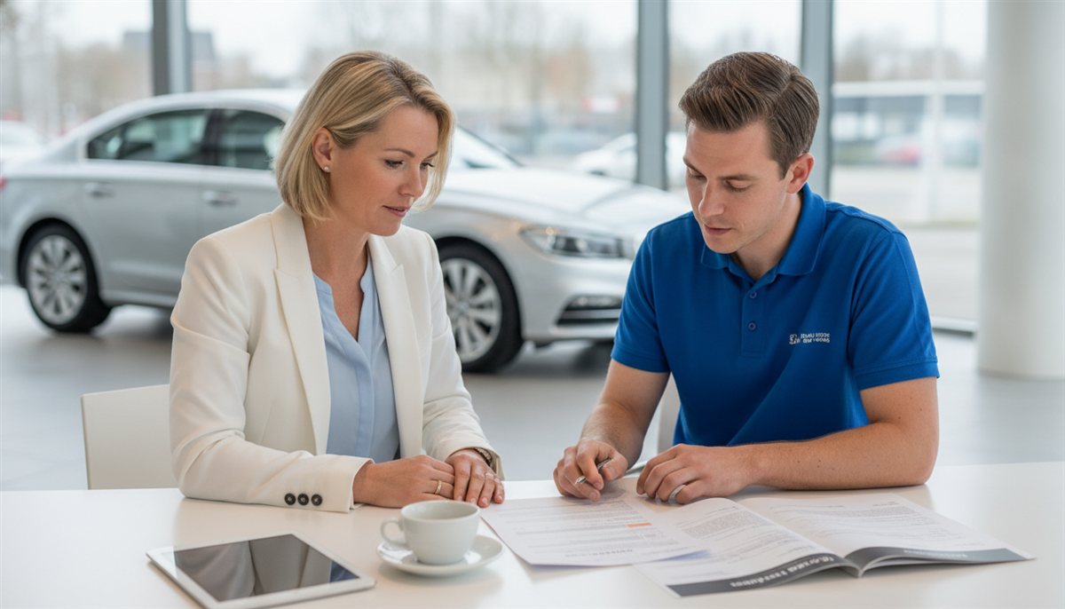 Onderneemster en lease-accountmanager nemen samen een zakelijke leaseauto-offerte door in een showroom