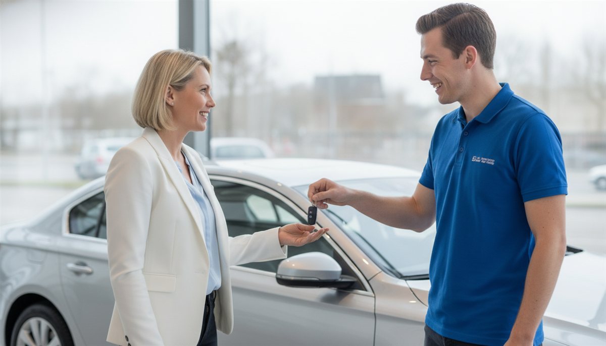 Onderneemster ontvangt de sleutels van haar zakelijke leaseauto van de accountmanager bij de auto