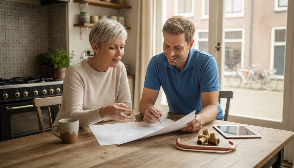 Huiseigenaresse en loodgieter bekijken samen de offerte voor loodgieterswerk aan de keukentafel