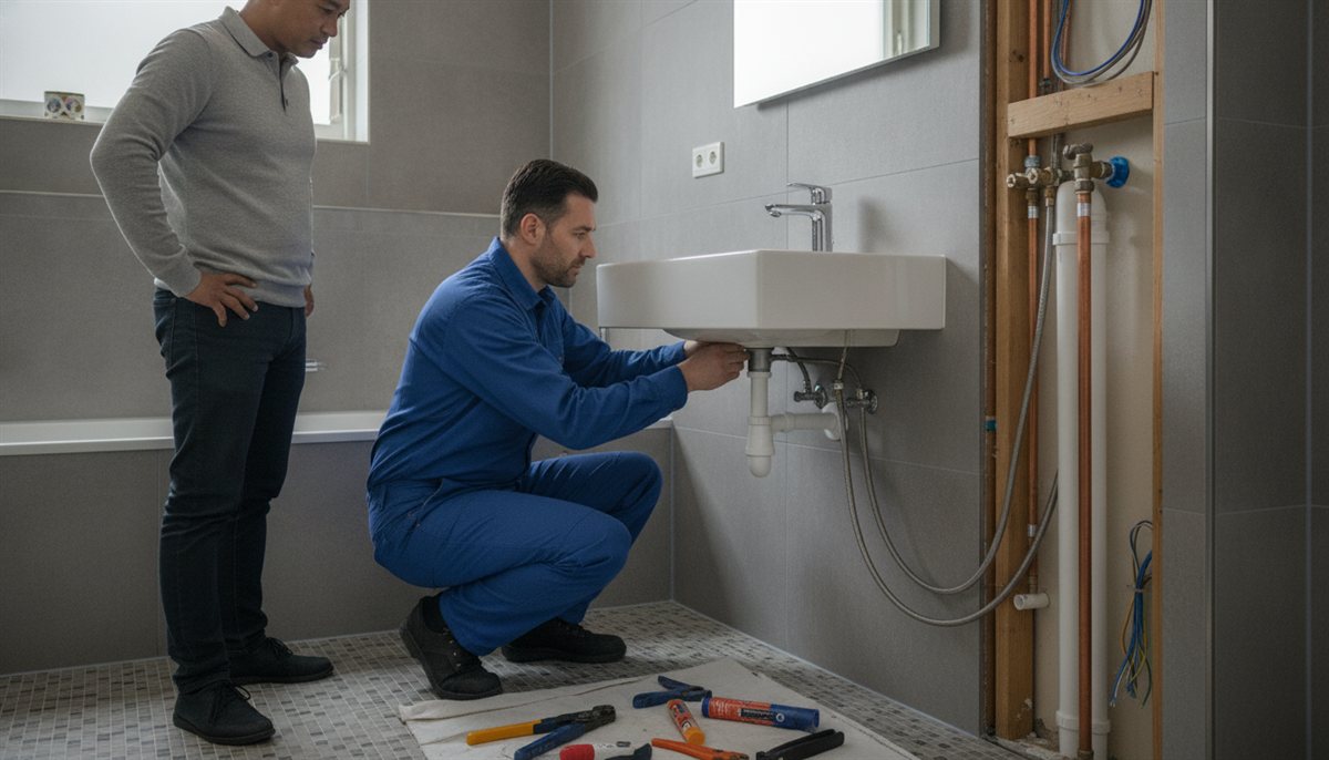 Loodgieter werkt aan het sanitair in de badkamer terwijl de huiseigenaar toekijkt