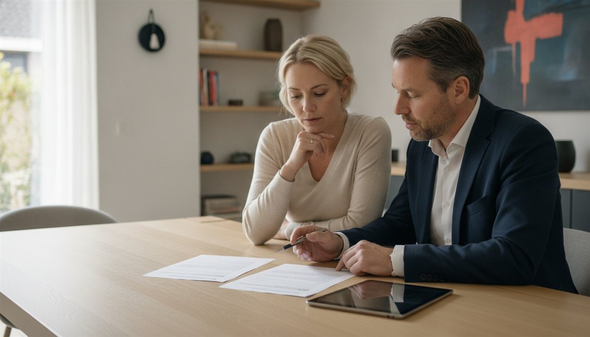 Stel beoordeelt samen met een makelaar de opdracht tot dienstverlening aan de eettafel