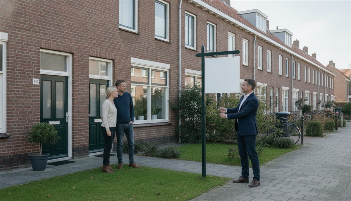 Makelaar plaatst een Te koop-bord voor een Nederlandse woning terwijl het stel toekijkt